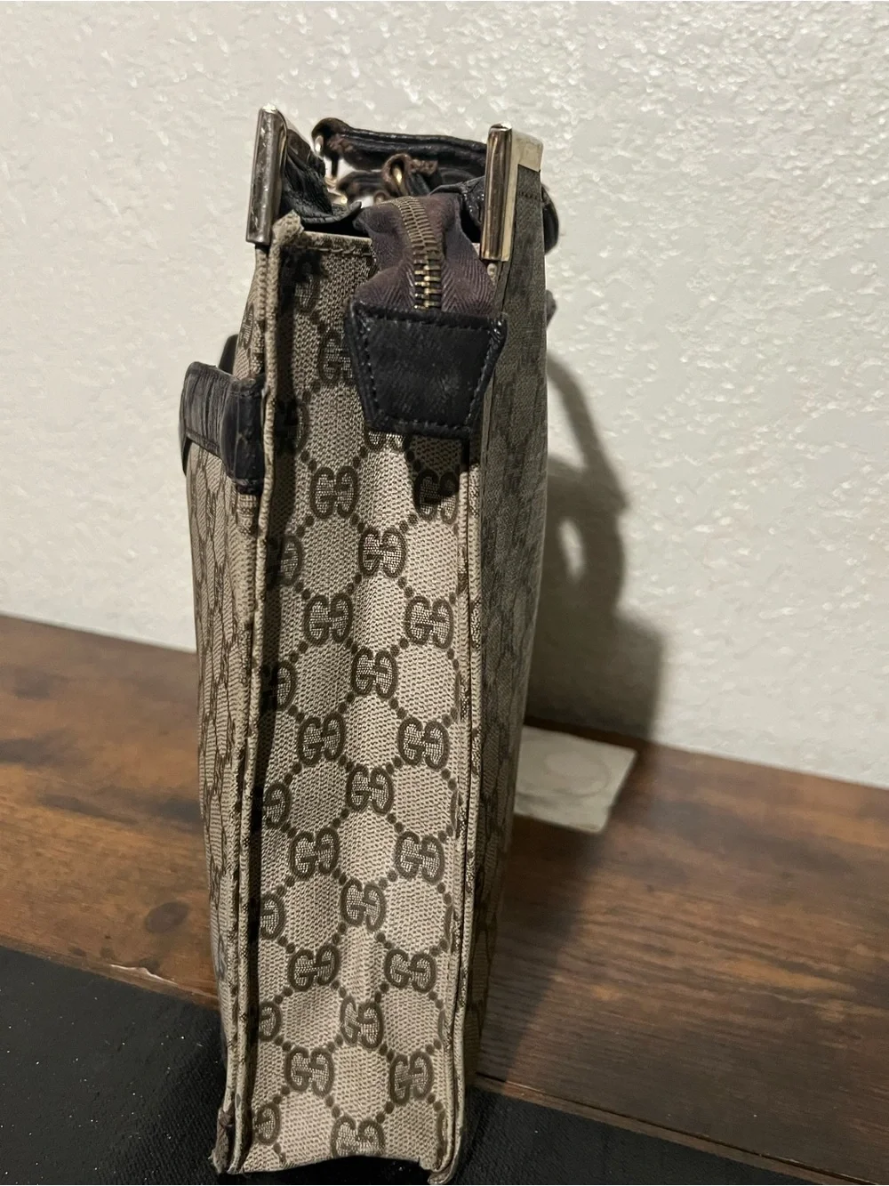 Gucci Beige Monogram Canvas Briefcase with Red & Green Web Stripe